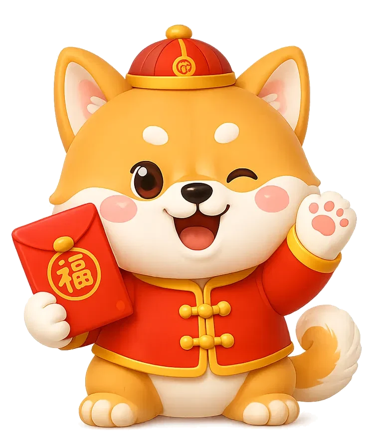 Baobao, a festive Shiba Inu mascot in a red Chinese New Year jacket, holding an ang bao and waving.