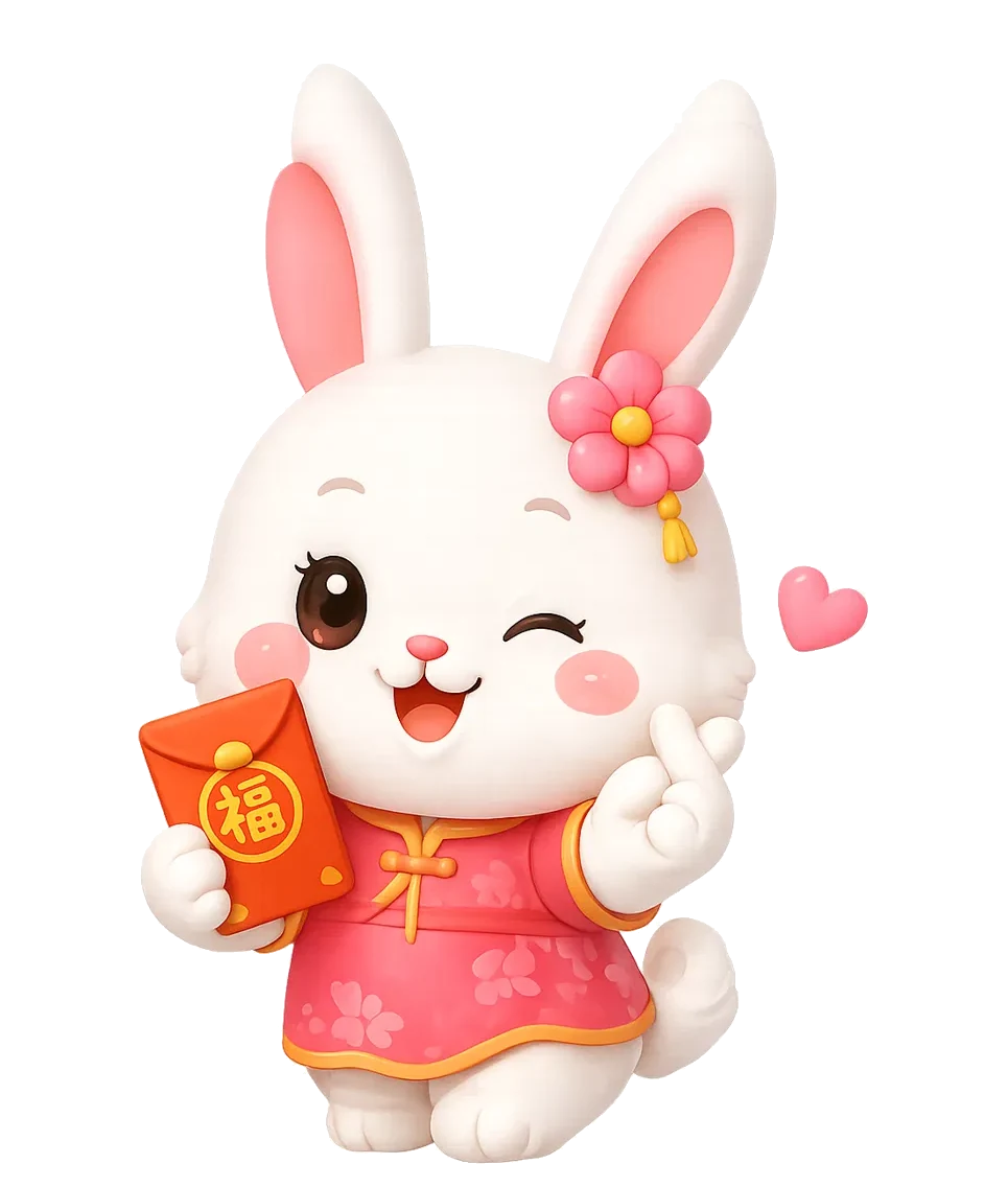 Lulu, a festive white bunny mascot in a pink floral cheongsam, holding an ang bao and making a finger heart.