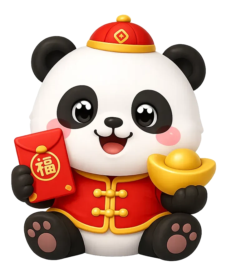 Pandu, a festive panda mascot in a red Chinese New Year jacket, holding an ang bao and a gold ingot.